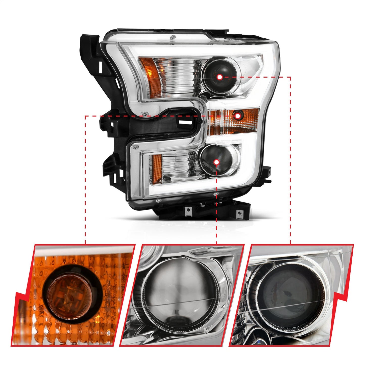 Anzo USA | Projector Headlight Set Clear Lens w/Plank Style Switchback Chrome w/Amber Pair | Fits F-150 | 111358