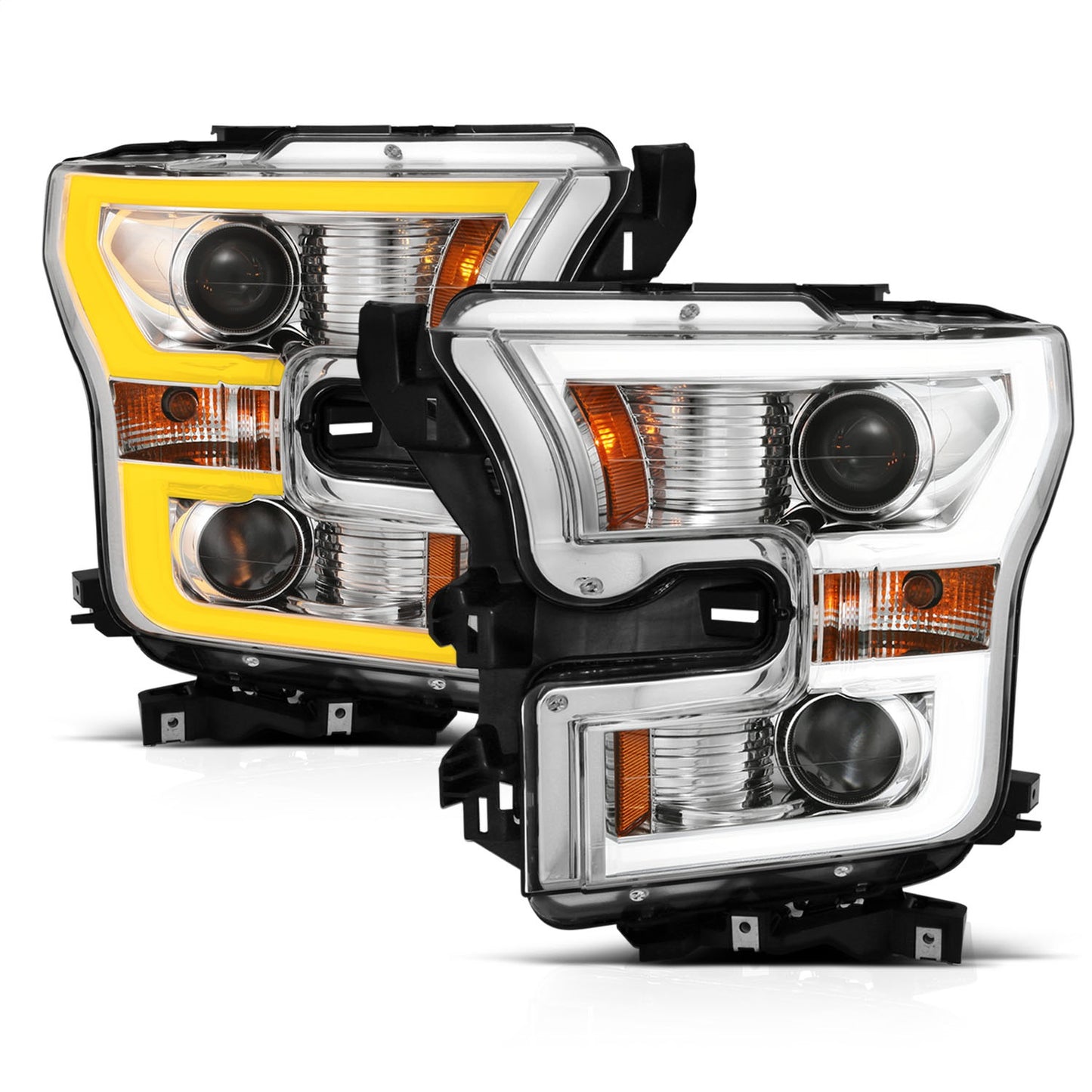Anzo USA | Projector Headlight Set Clear Lens w/Plank Style Switchback Chrome w/Amber Pair | Fits F-150 | 111358