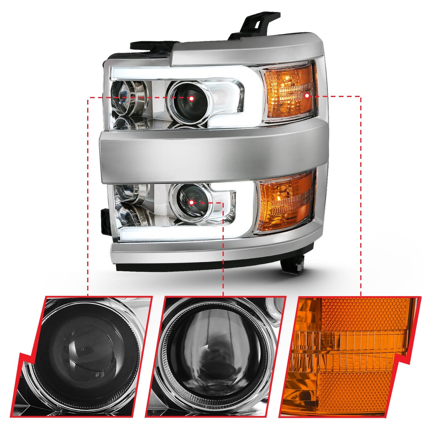 Anzo USA | Projector Headlight Set w/Plank Style Design Chrome | Fits Silverado 2500 HD | 111360