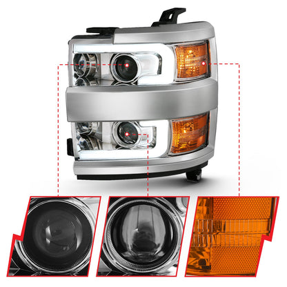 Anzo USA | Projector Headlight Set w/Plank Style Design Chrome | Fits Silverado 2500 HD | 111360