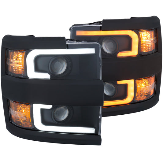 Anzo USA | Projector Headlight Set Clear Lens w/Plank Style Switchback Black w/Amber Black Rim Pair | Fits Silverado 2500 HD | 111364