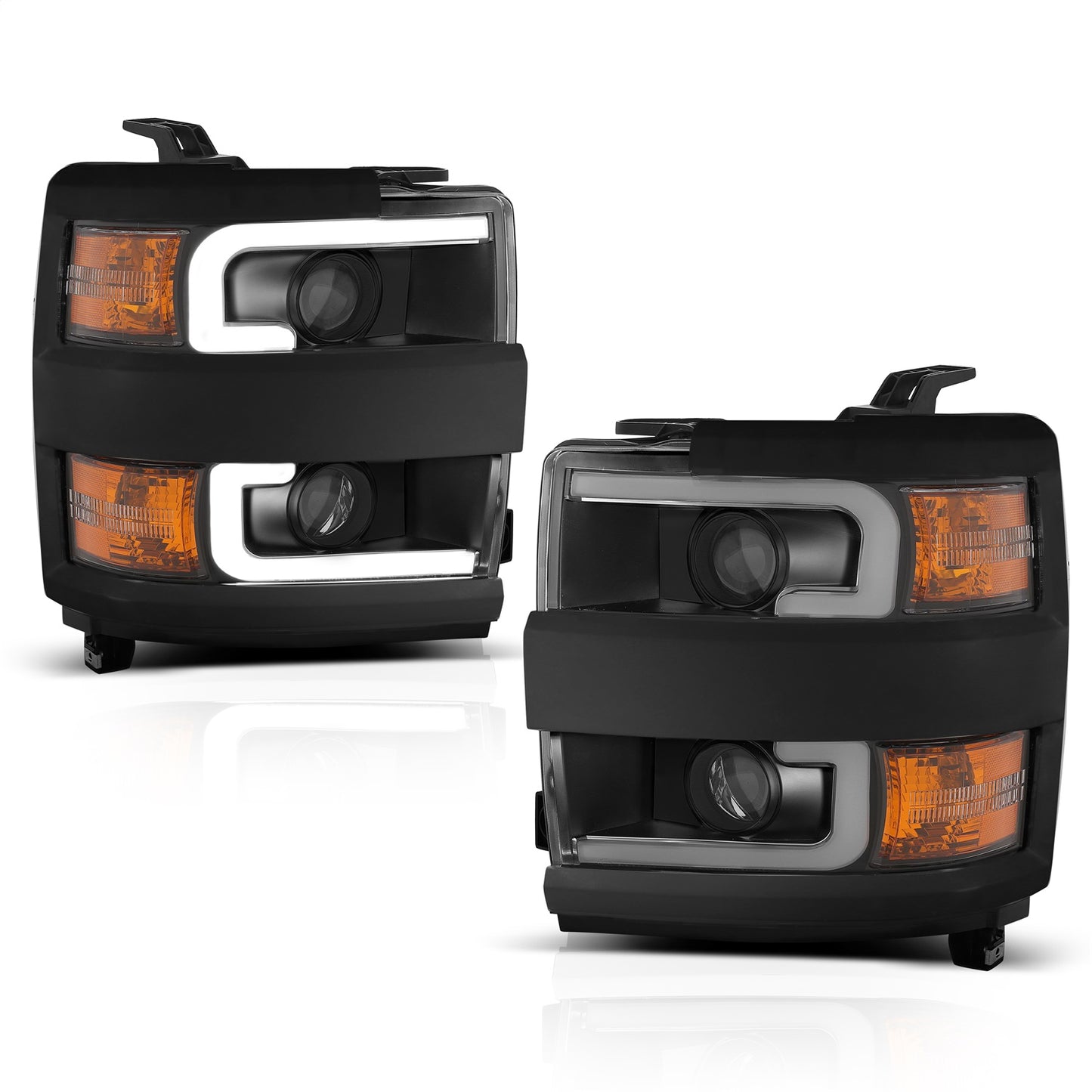 Anzo USA | Projector Headlight Set Clear Lens w/Plank Style Switchback Black w/Amber Black Rim Pair | Fits Silverado 2500 HD | 111364