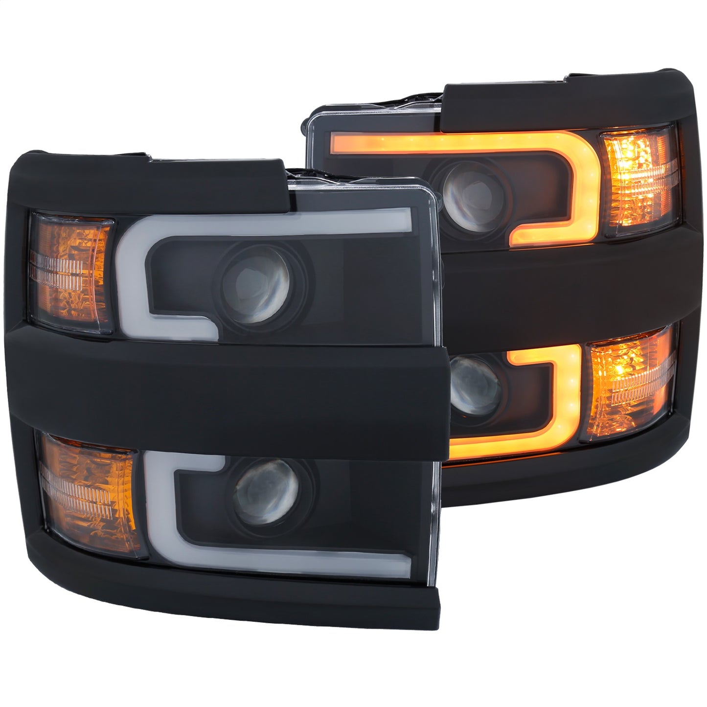 Anzo USA | Projector Headlight Set Clear Lens w/Plank Style Switchback Black w/Amber Black Rim Pair | Fits Silverado 2500 HD | 111364
