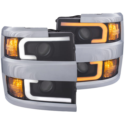 Anzo USA | Projector Headlight Set Clear Lens w/Plank Style Switchback Black w/Amber Chrome Rim Pair | Fits Silverado 2500 HD | 111365