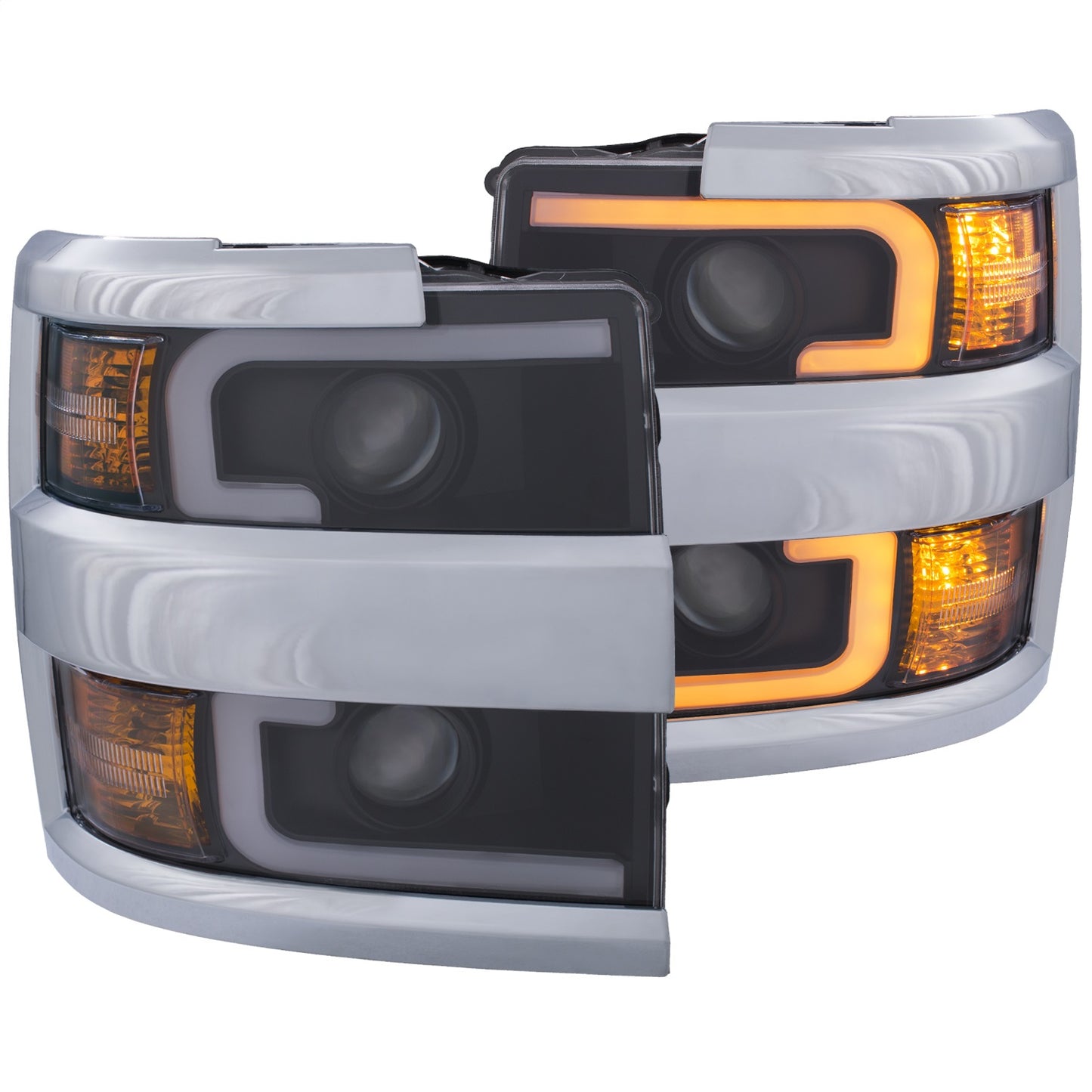 Anzo USA | Projector Headlight Set Clear Lens w/Plank Style Switchback Black w/Amber Chrome Rim Pair | Fits Silverado 2500 HD | 111365