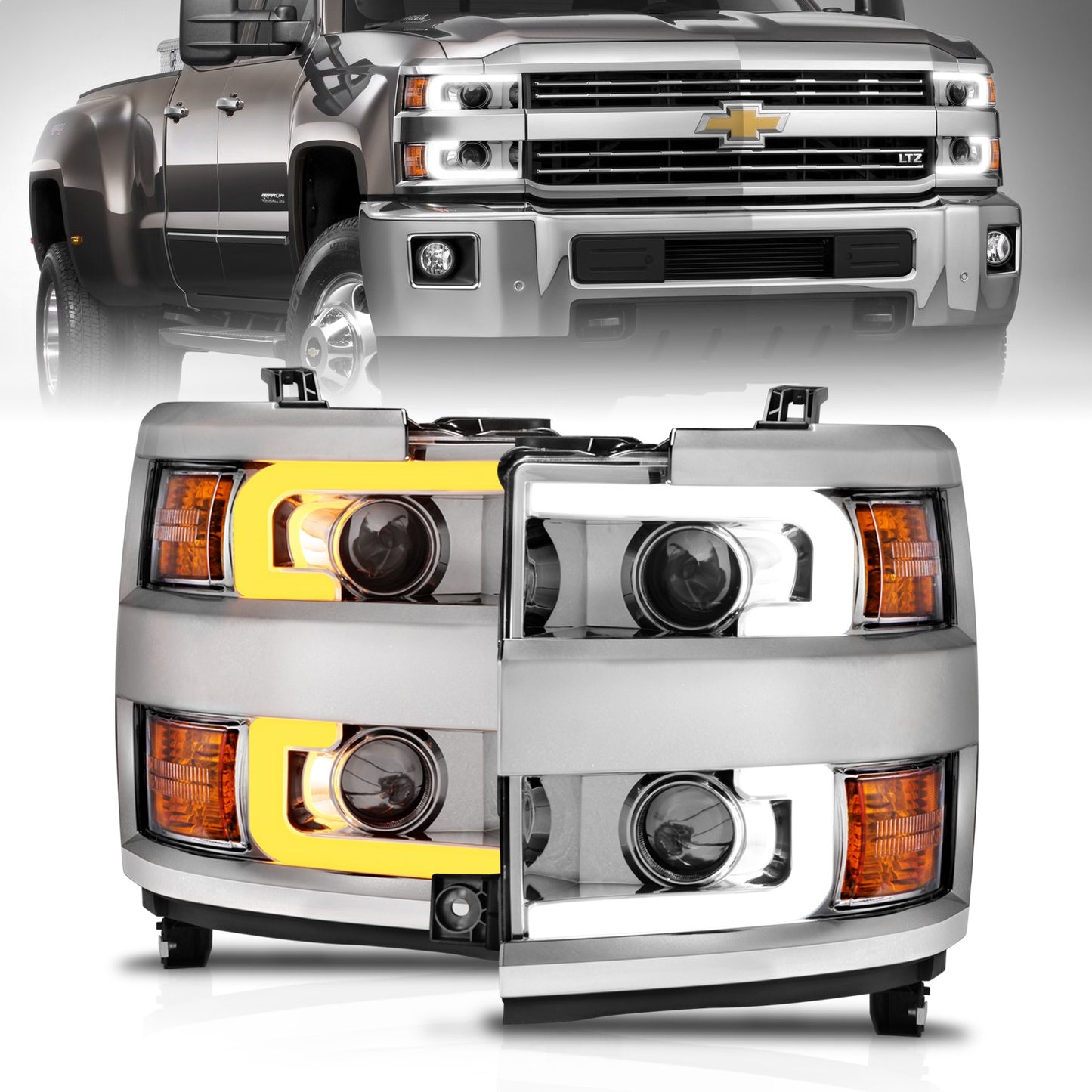 Anzo USA | Projector Headlight Set Clear Lens w/Plank Style Switchback Chrome w/Amber Chrome Rim Pair | Fits Silverado 2500 HD | 111366