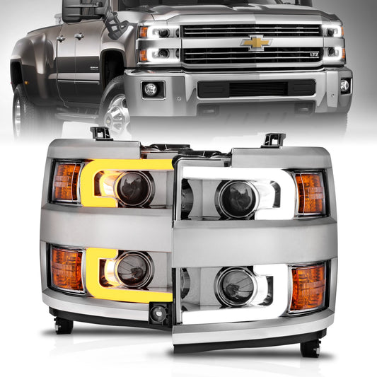 Anzo USA | Projector Headlight Set Clear Lens w/Plank Style Switchback Chrome w/Amber Chrome Rim Pair | Fits Silverado 2500 HD | 111366