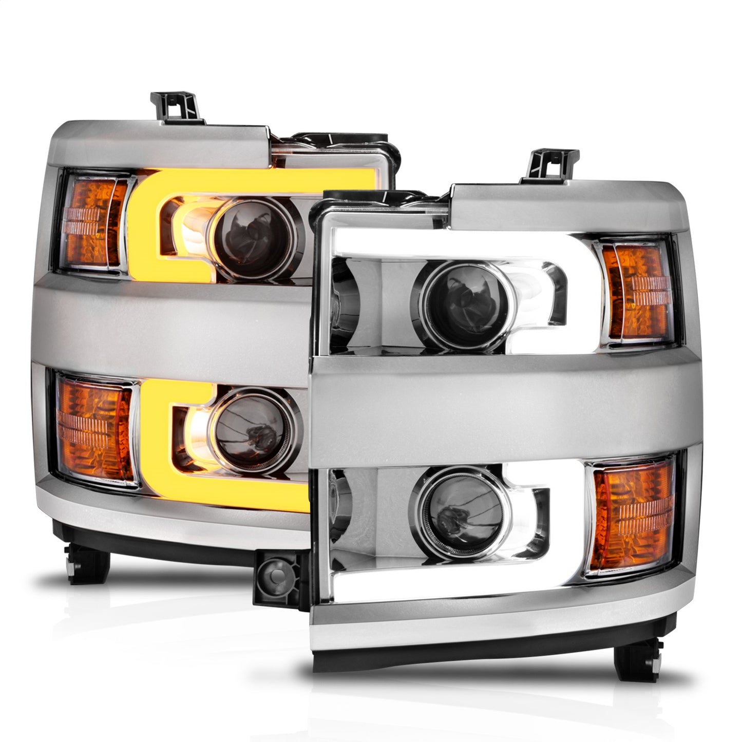 Anzo USA | Projector Headlight Set Clear Lens w/Plank Style Switchback Chrome w/Amber Chrome Rim Pair | Fits Silverado 2500 HD | 111366