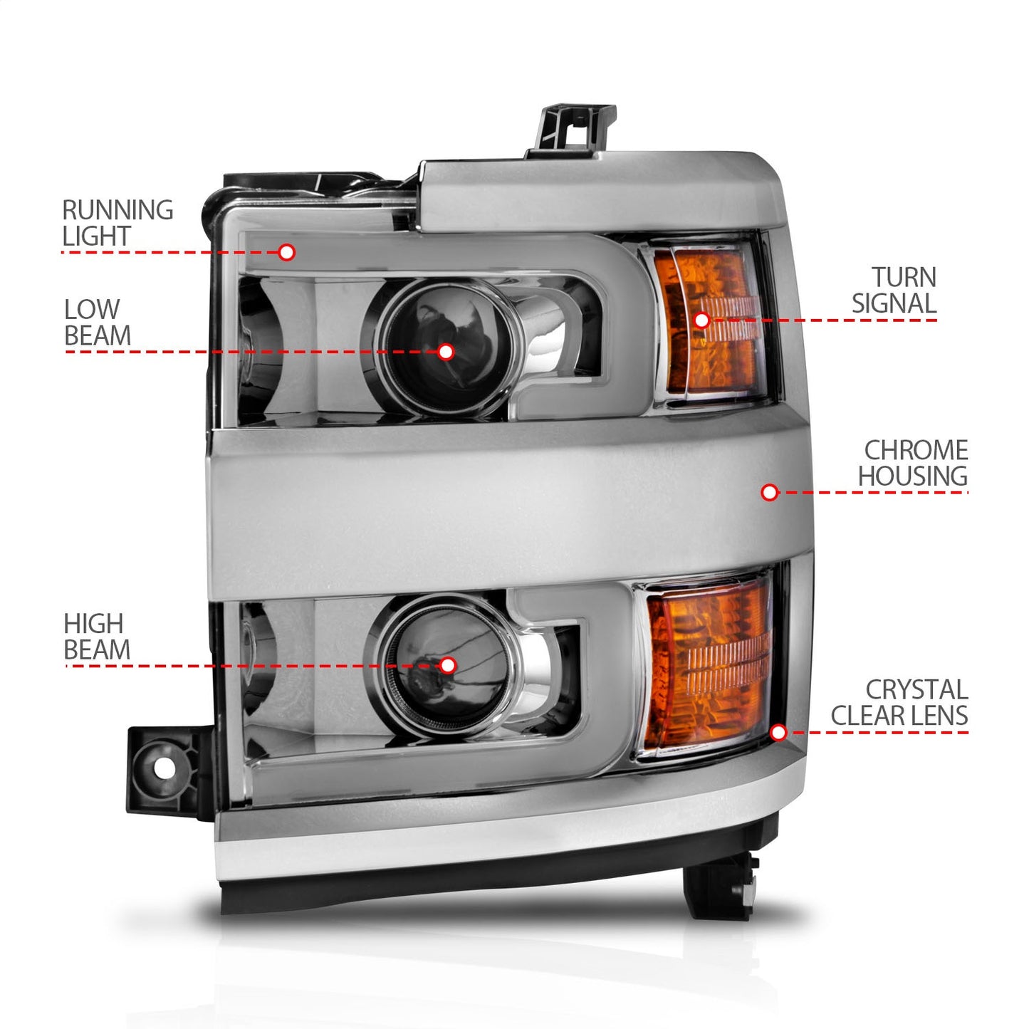 Anzo USA | Projector Headlight Set Clear Lens w/Plank Style Switchback Chrome w/Amber Chrome Rim Pair | Fits Silverado 2500 HD | 111366