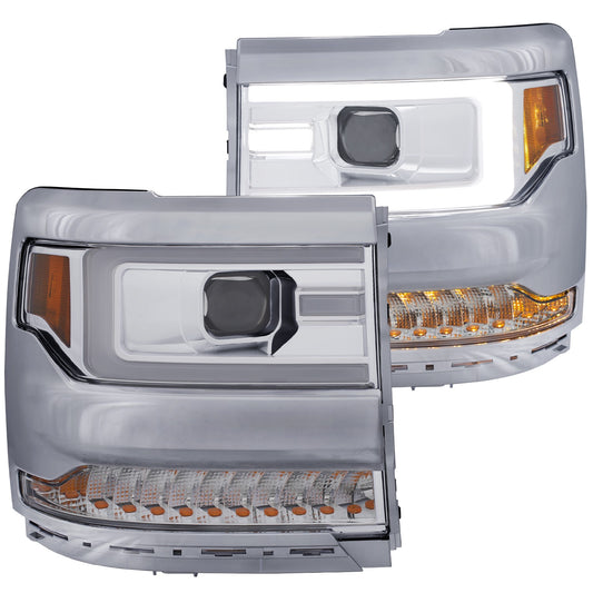 Anzo USA | Projector Headlight Set Clear Lens Chrome Housing Amber Reflector Pair w/Plank Style Back | Fits Silverado 1500 | 111374