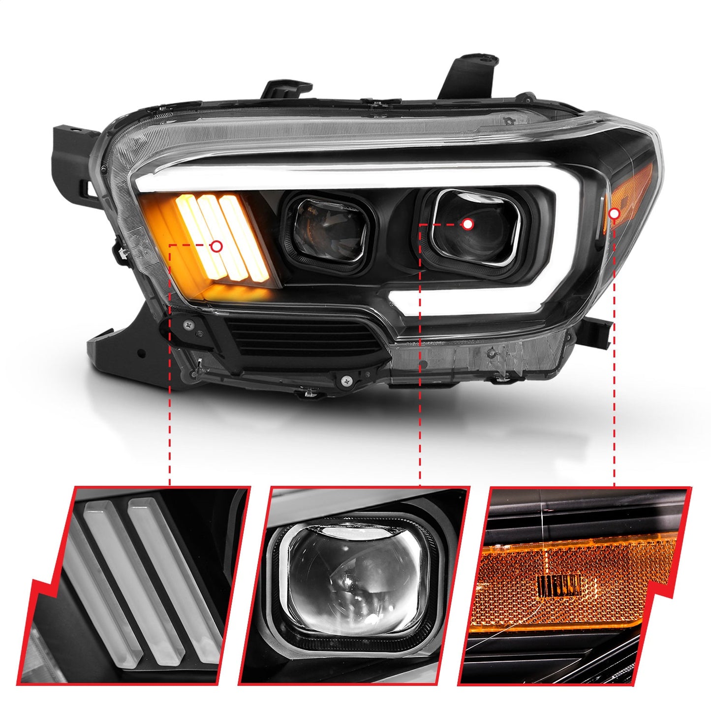 Anzo USA | Projector Headlight Set Clear Lens Black Housing Plank Style Black w/Amber Pair | Fits Tacoma | 111379