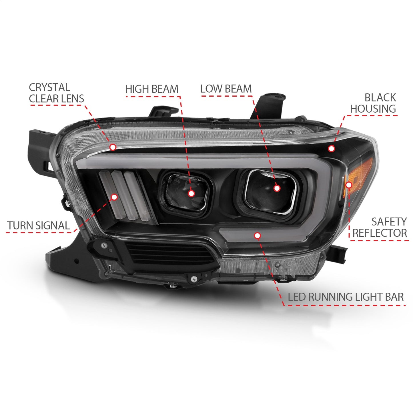 Anzo USA | Projector Headlight Set Clear Lens Black Housing Plank Style Black w/Amber Pair | Fits Tacoma | 111379