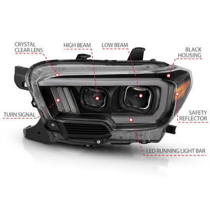 Anzo USA | Projector Headlight Set Clear Lens Black Housing Plank Style Black w/Amber Pair | Fits Tacoma | 111379