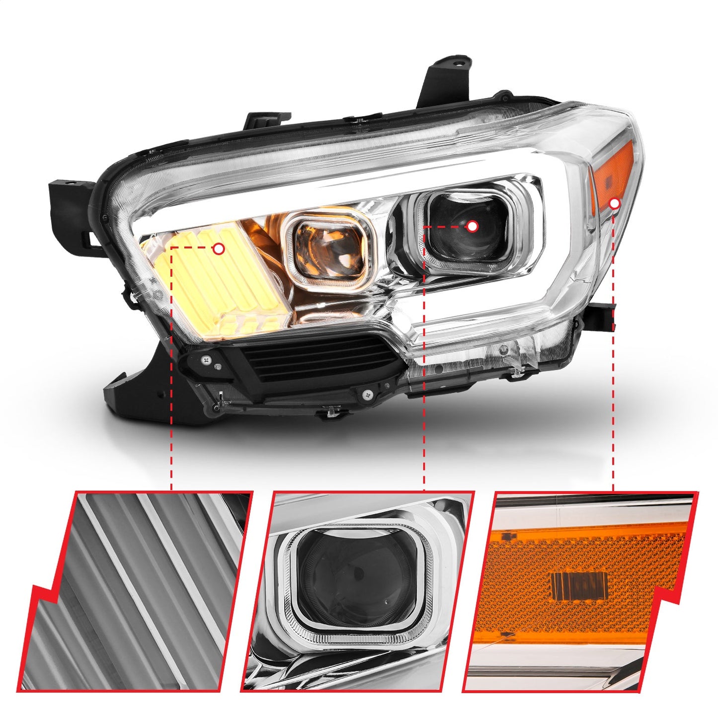 Anzo USA | Projector Headlight Set Plank Style Clear Lens Chrome Housing Chrome/Amber Pair | Fits Tacoma | 111380