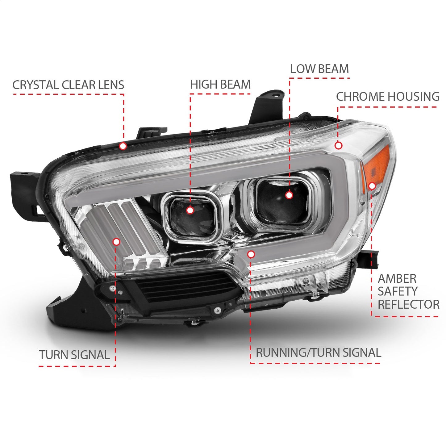 Anzo USA | Projector Headlight Set Plank Style Clear Lens Chrome Housing Chrome/Amber Pair | Fits Tacoma | 111380