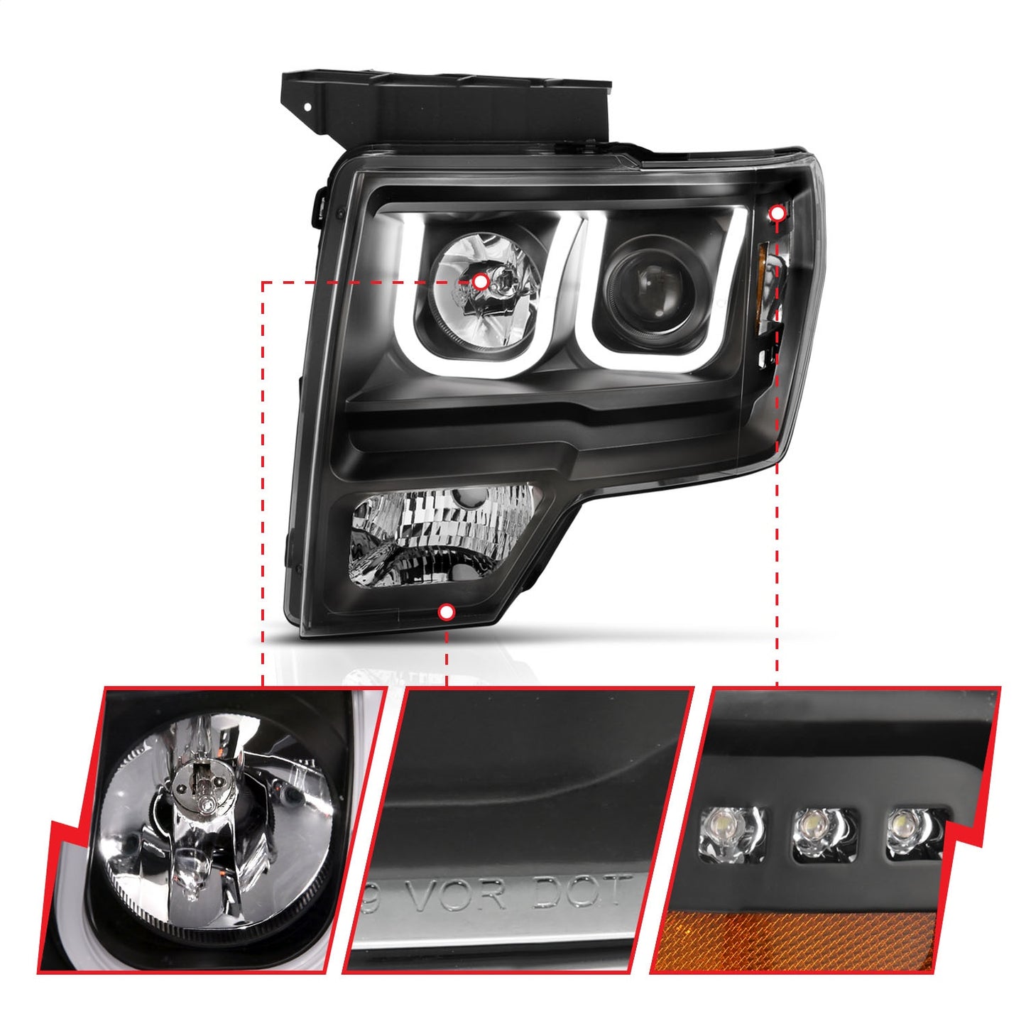 Anzo USA | Projector Headlight Set Black w/Amber w/Switchback | Fits F-150 | 111383