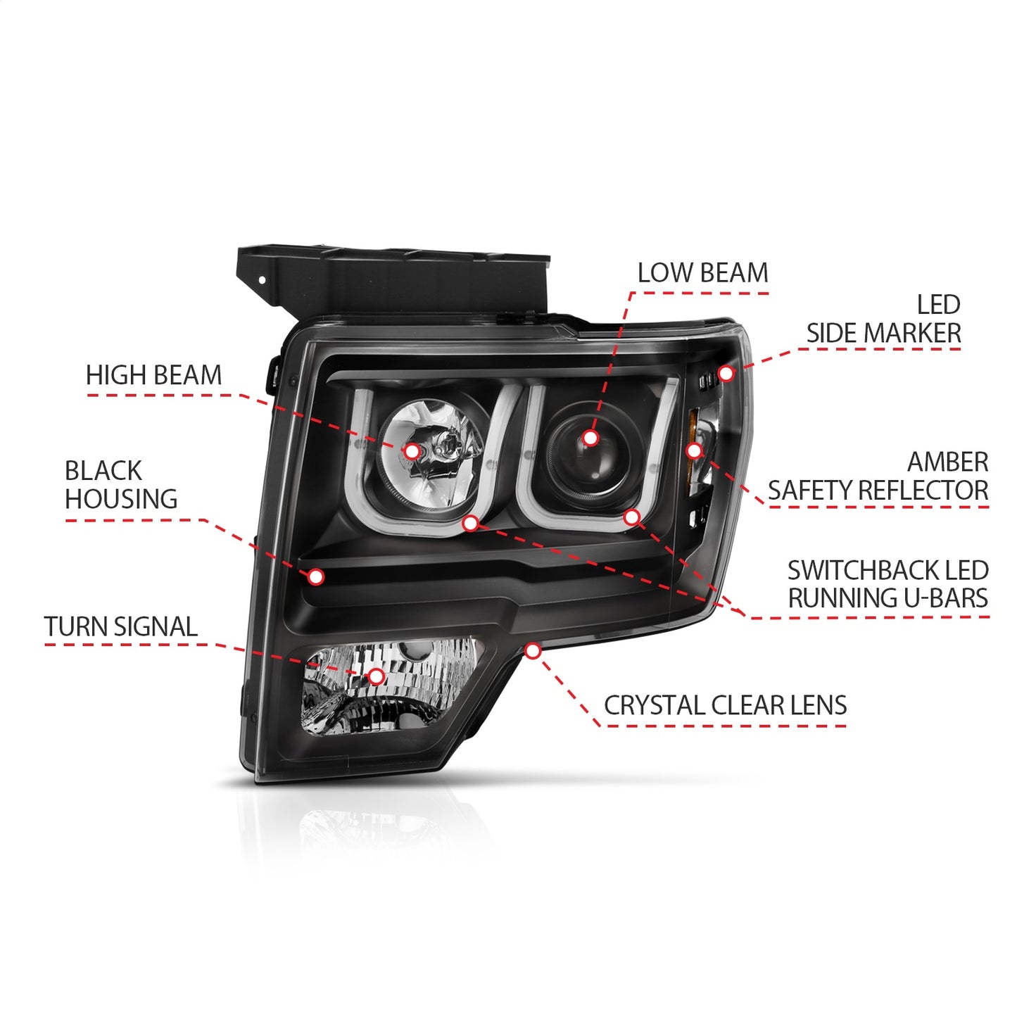 Anzo USA | Projector Headlight Set Black w/Amber w/Switchback | Fits F-150 | 111383