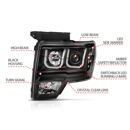 Anzo USA | Projector Headlight Set Black w/Amber w/Switchback | Fits F-150 | 111383