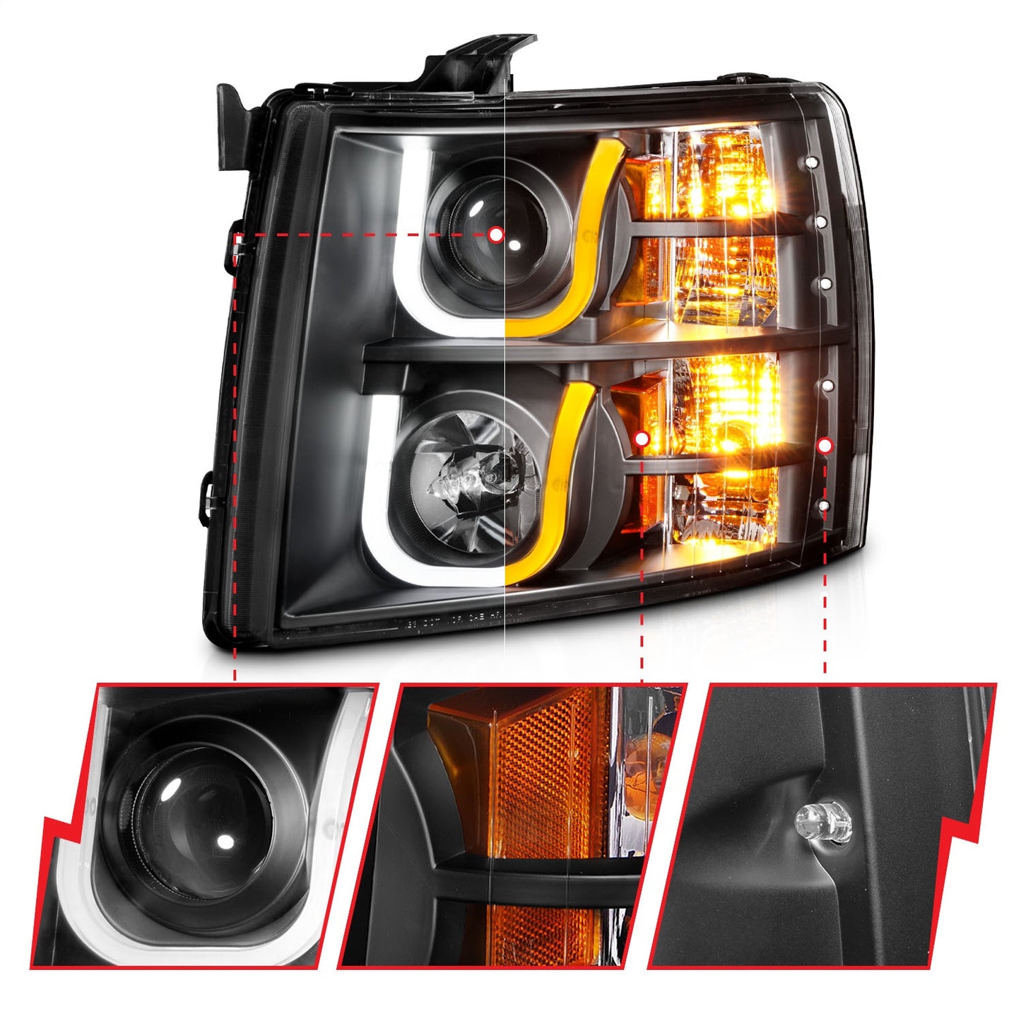 Anzo USA | Projector Headlight Set Black w/Amber w/Switchback | Fits Silverado 1500 Classic | 111384