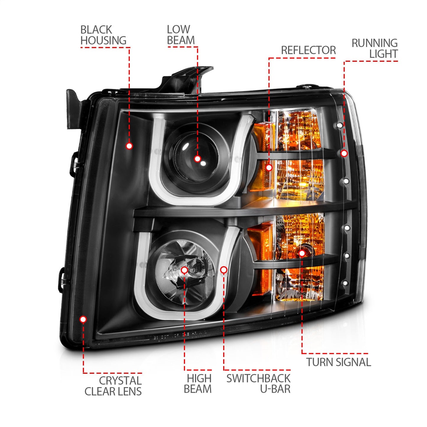 Anzo USA | Projector Headlight Set Black w/Amber w/Switchback | Fits Silverado 1500 Classic | 111384