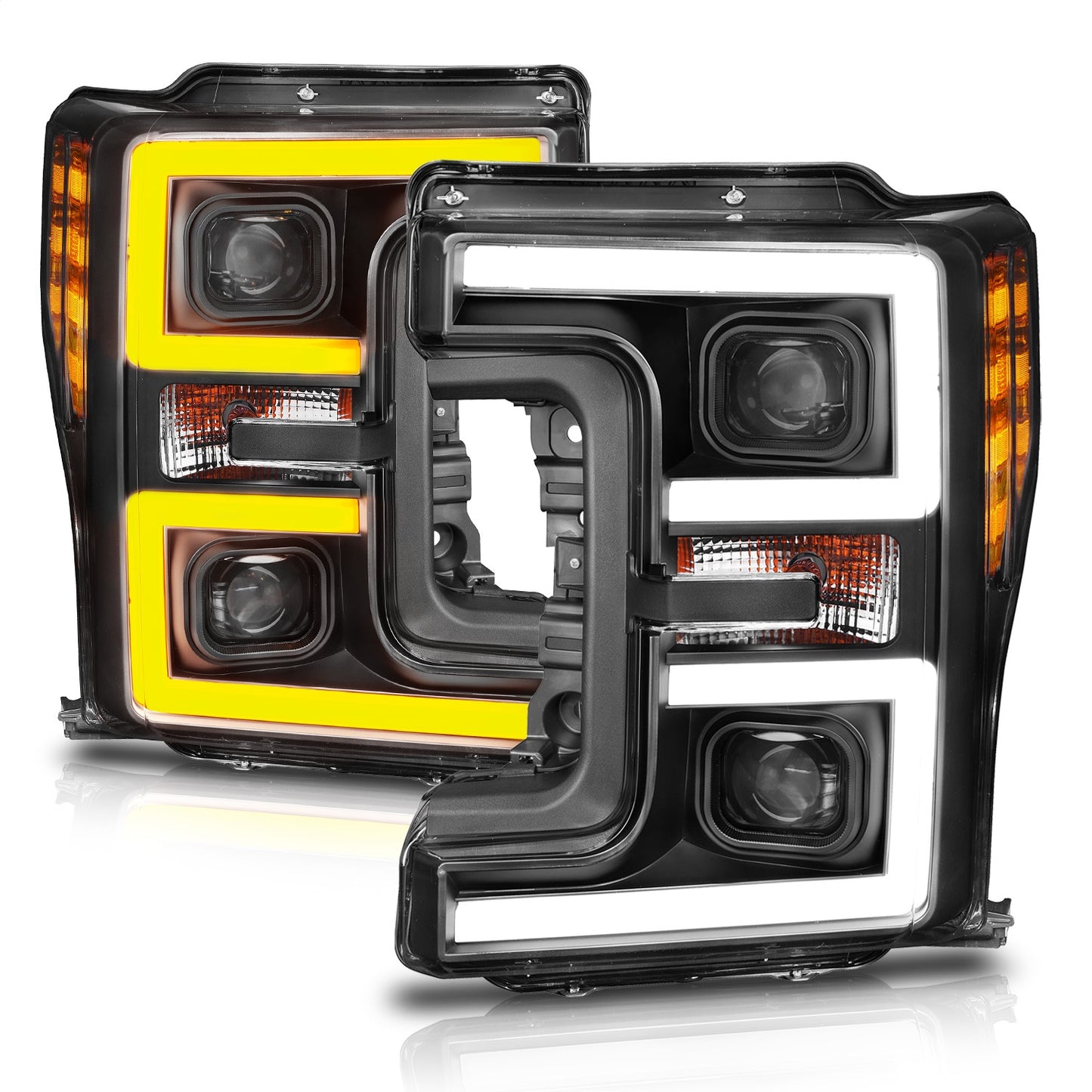 Anzo USA | Projector Headlight Set w/Plank Style Switchback Black w/Amber | Fits F-250 Super Duty | 111388