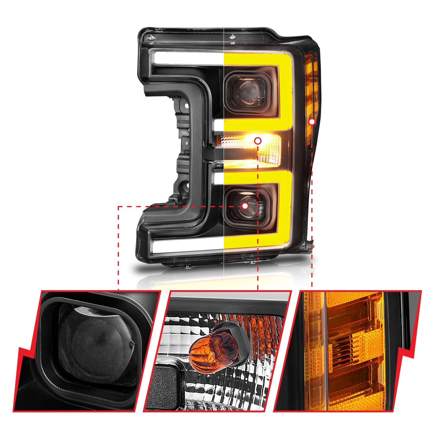 Anzo USA | Projector Headlight Set w/Plank Style Switchback Black w/Amber | Fits F-250 Super Duty | 111388