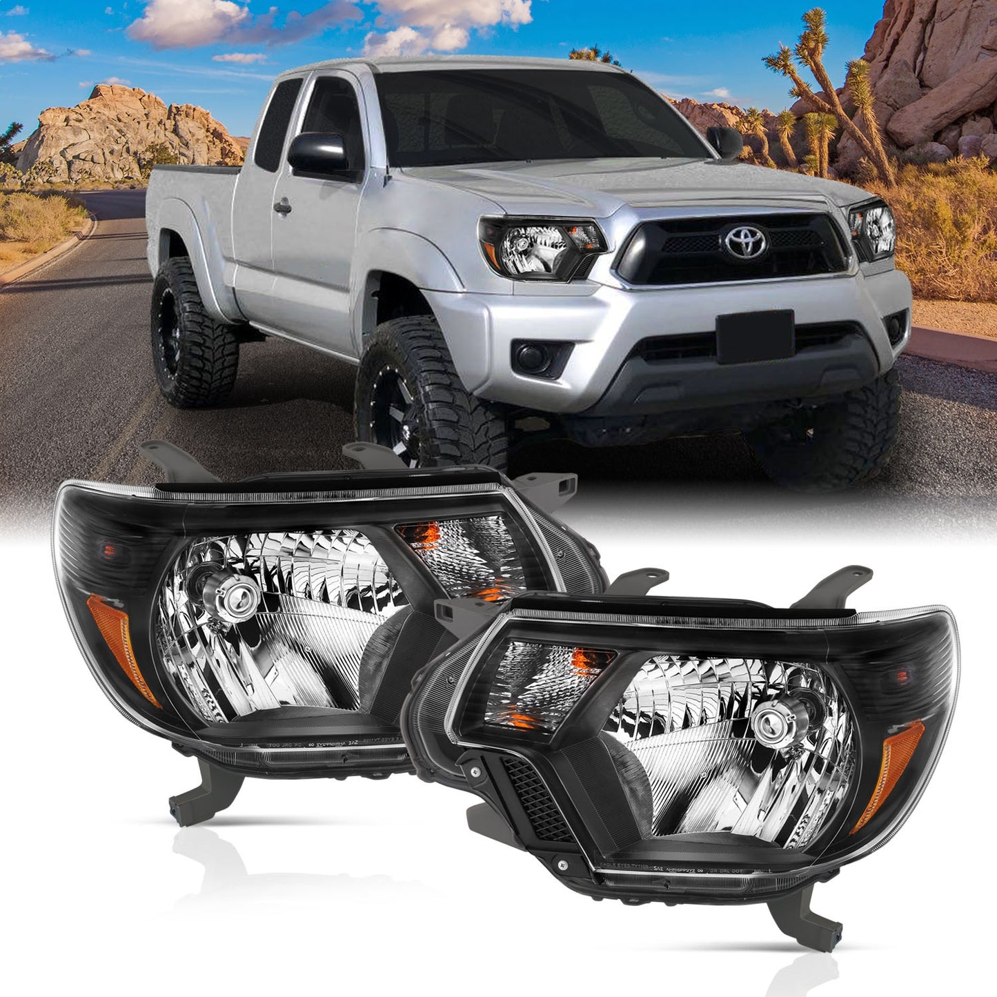 Anzo USA | Crystal Headlight Set Clear Lens Black Housing White/Amber | Fits Tacoma | 111395