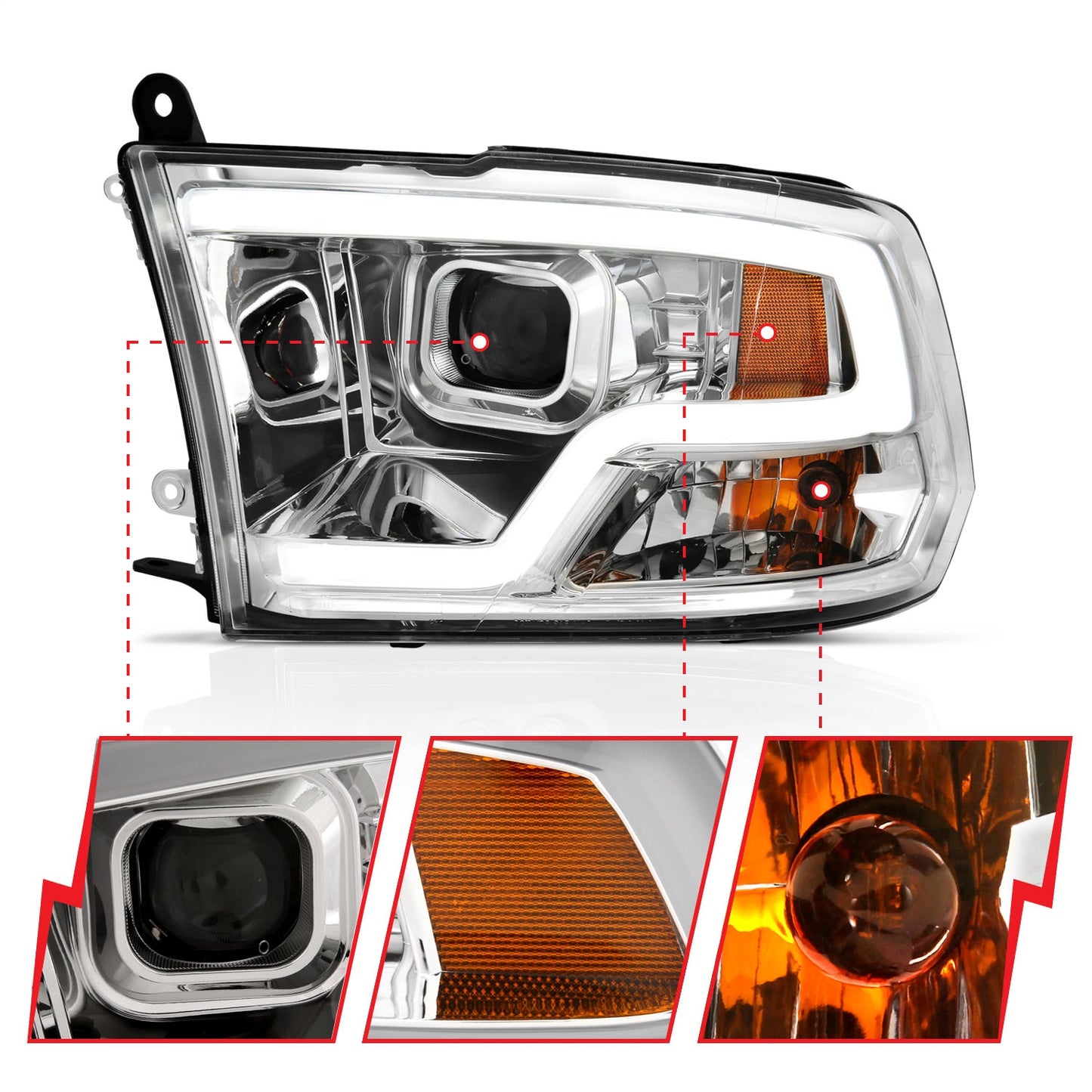Anzo USA | Projector Headlight Set w/Plank Style Design Chrome | Fits Ram 1500 | 111405