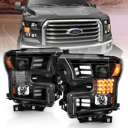 Anzo USA | Projector Headlight Set w/Plank Style Design Black w/Amber Sequential Turn Signal | Fits F-150 | 111408