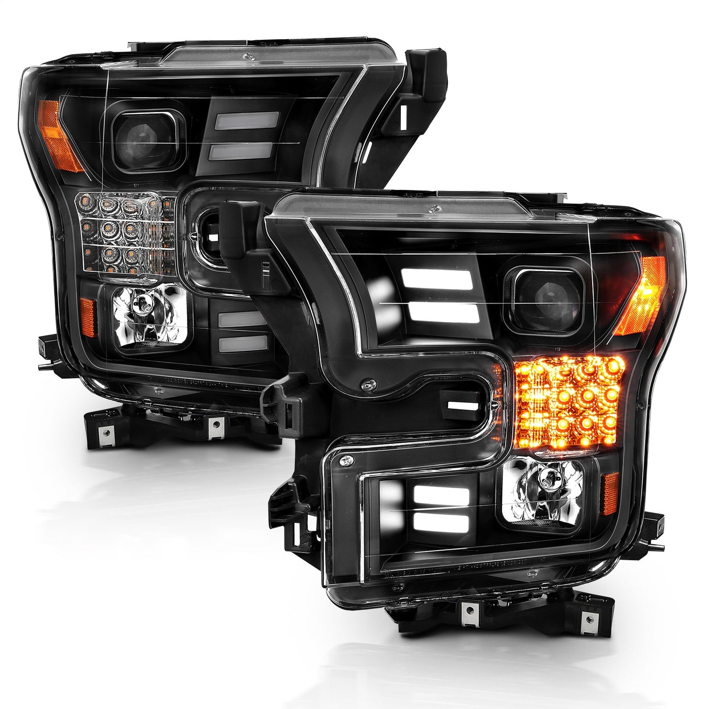 Anzo USA | Projector Headlight Set w/Plank Style Design Black w/Amber Sequential Turn Signal | Fits F-150 | 111408