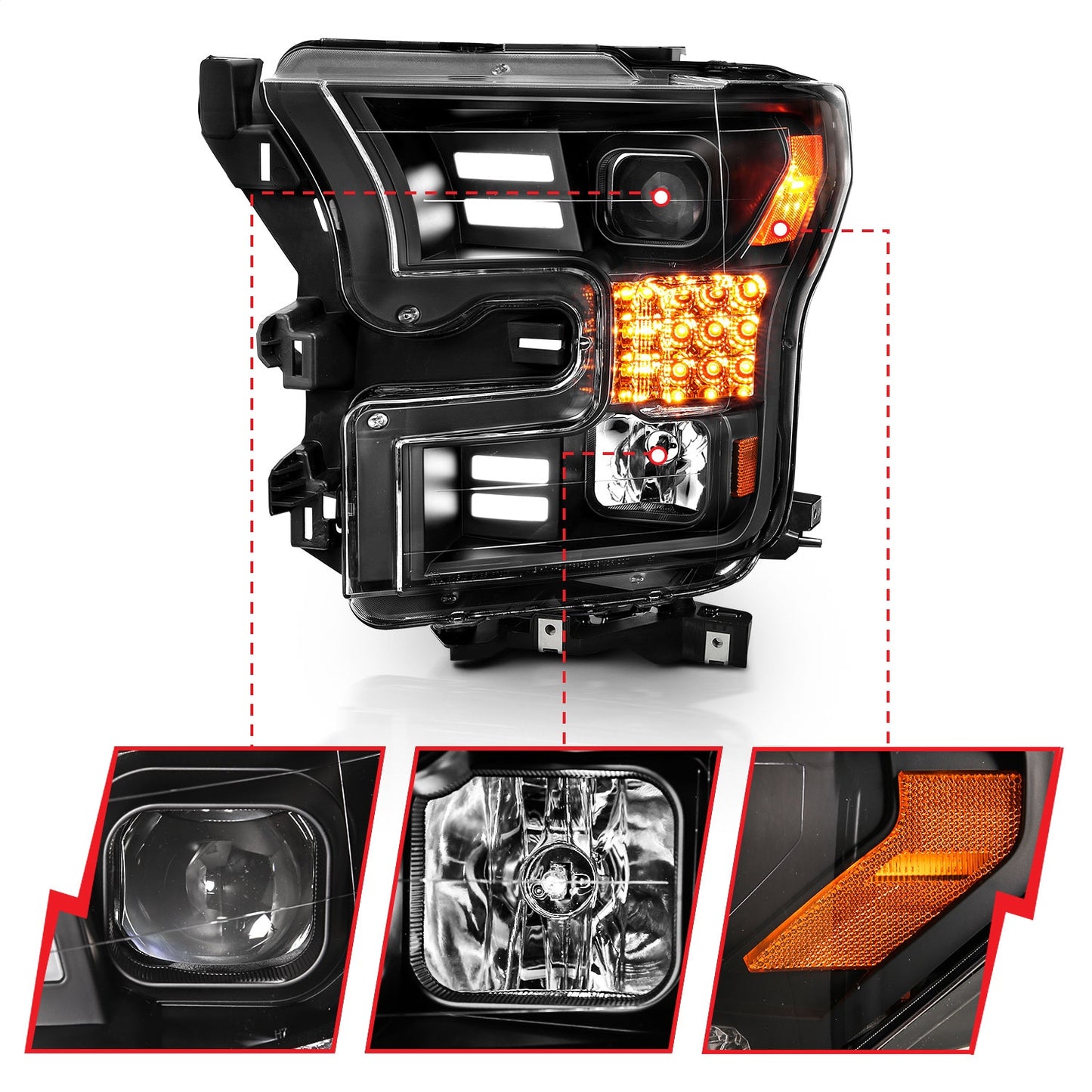 Anzo USA | Projector Headlight Set w/Plank Style Design Black w/Amber Sequential Turn Signal | Fits F-150 | 111408