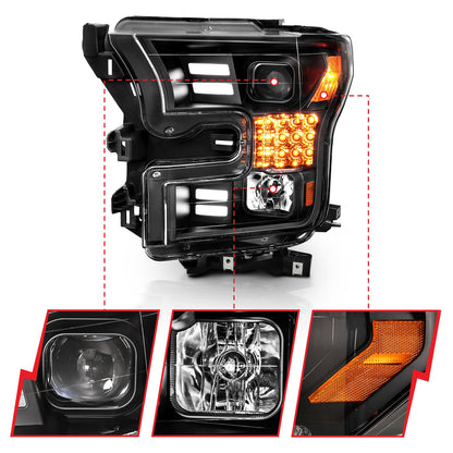 Anzo USA | Projector Headlight Set w/Plank Style Design Black w/Amber Sequential Turn Signal | Fits F-150 | 111408