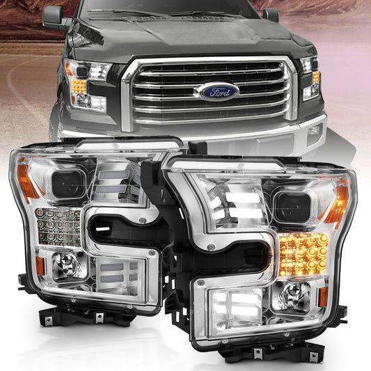 Anzo USA | Projector Headlight Set w/Plank Style Design Chrome w/Amber Sequential Turn Signal | Fits F-150 | 111409