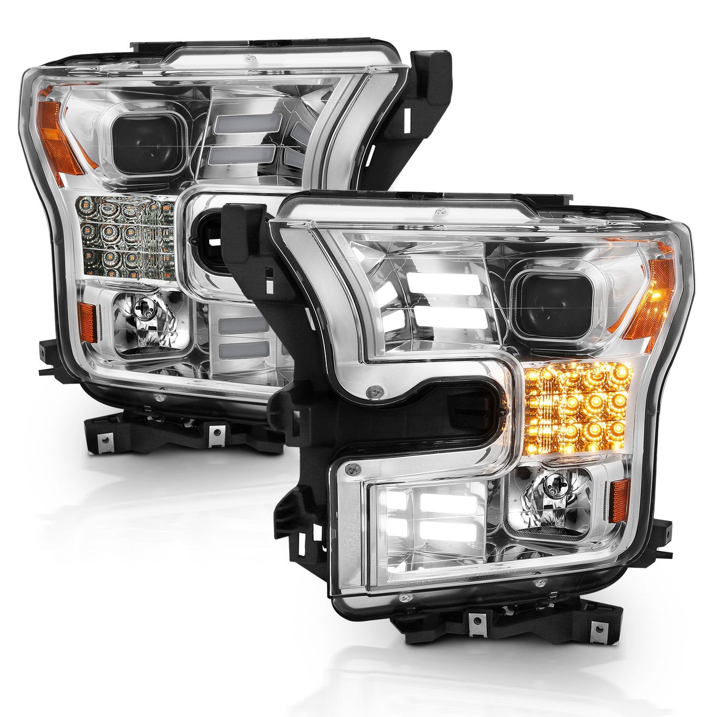 Anzo USA | Projector Headlight Set w/Plank Style Design Chrome w/Amber Sequential Turn Signal | Fits F-150 | 111409