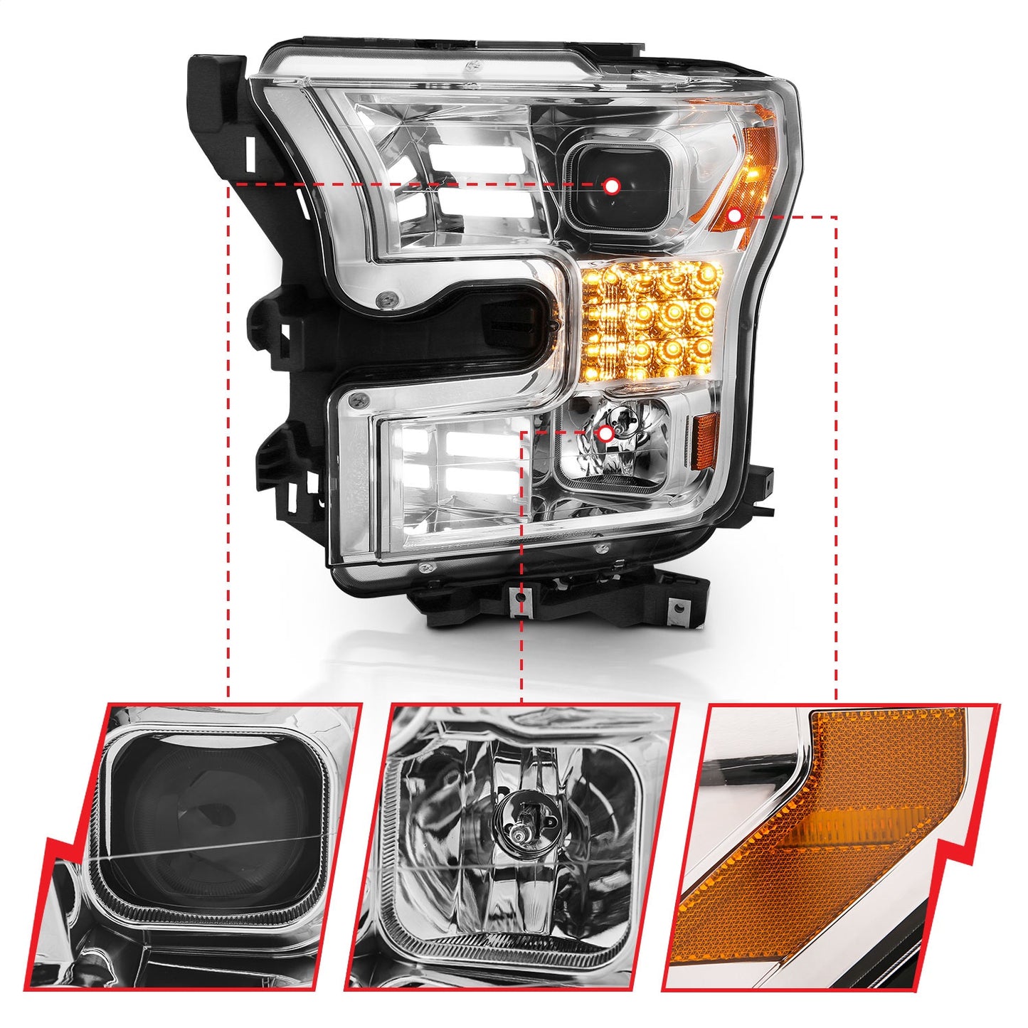 Anzo USA | Projector Headlight Set w/Plank Style Design Chrome w/Amber Sequential Turn Signal | Fits F-150 | 111409