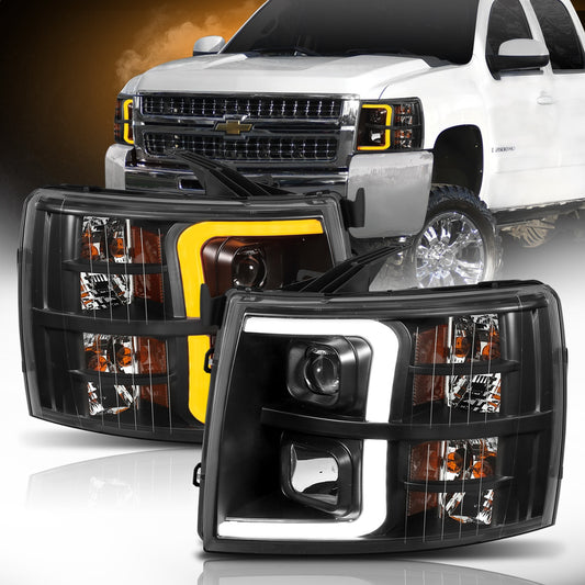 Anzo USA | Projector Headlight Set w/Plank Style Switchback Black w/Amber Pair | Fits Silverado 1500 | 111410
