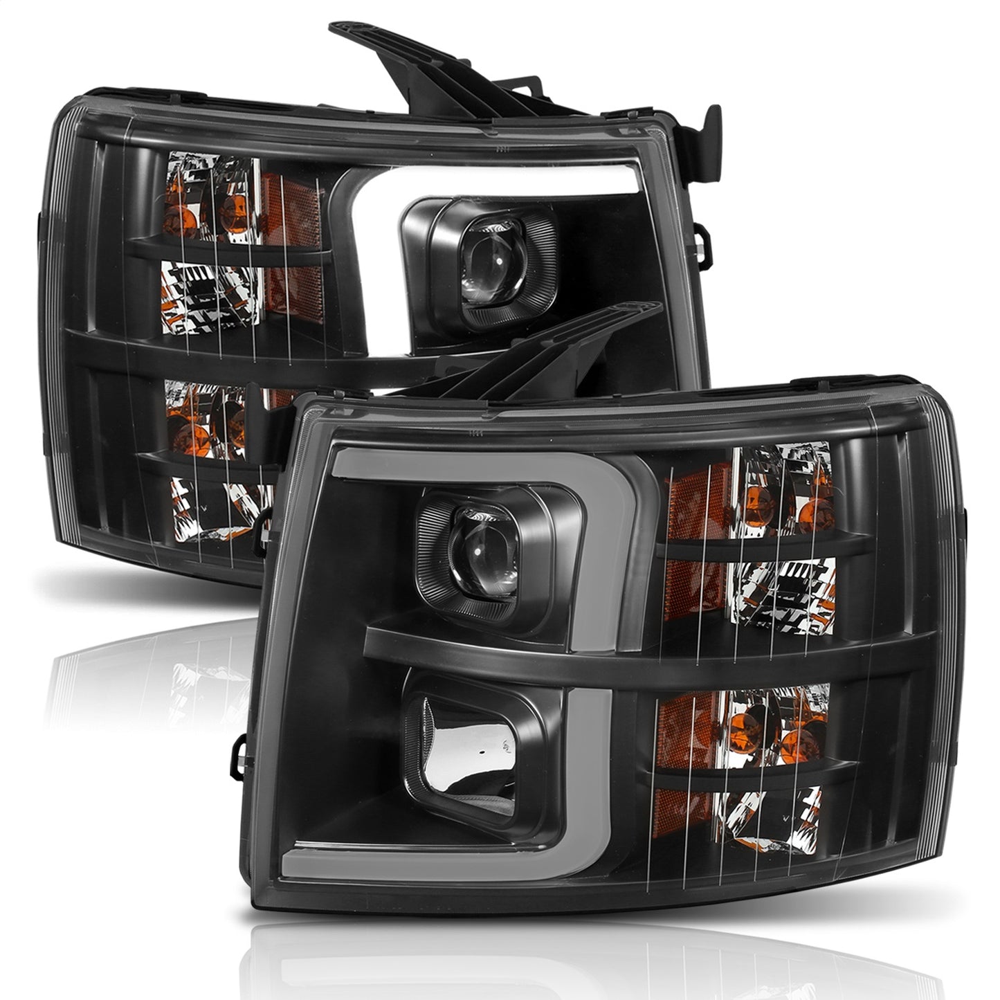 Anzo USA | Projector Headlight Set w/Plank Style Switchback Black w/Amber Pair | Fits Silverado 1500 | 111410