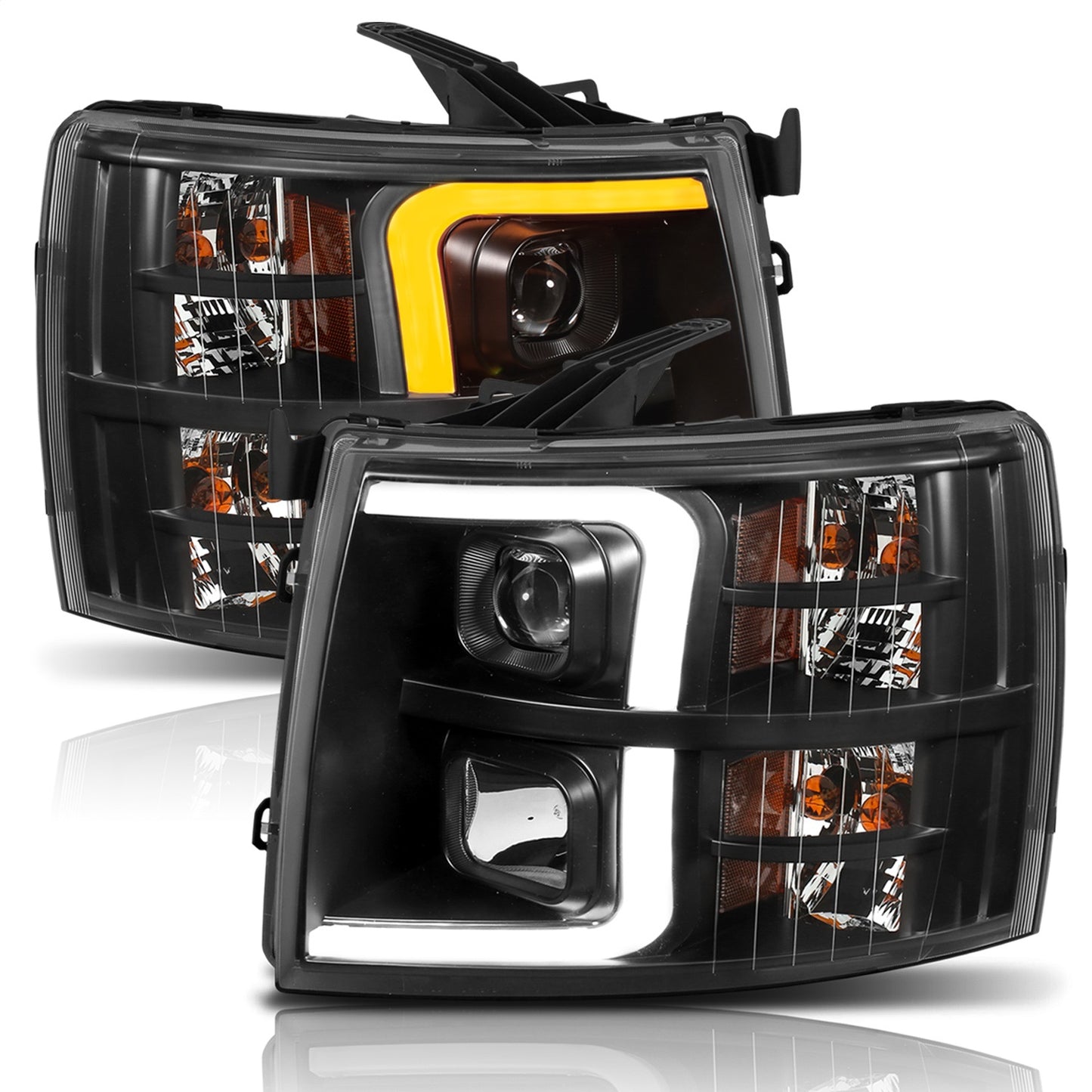 Anzo USA | Projector Headlight Set w/Plank Style Switchback Black w/Amber Pair | Fits Silverado 1500 | 111410