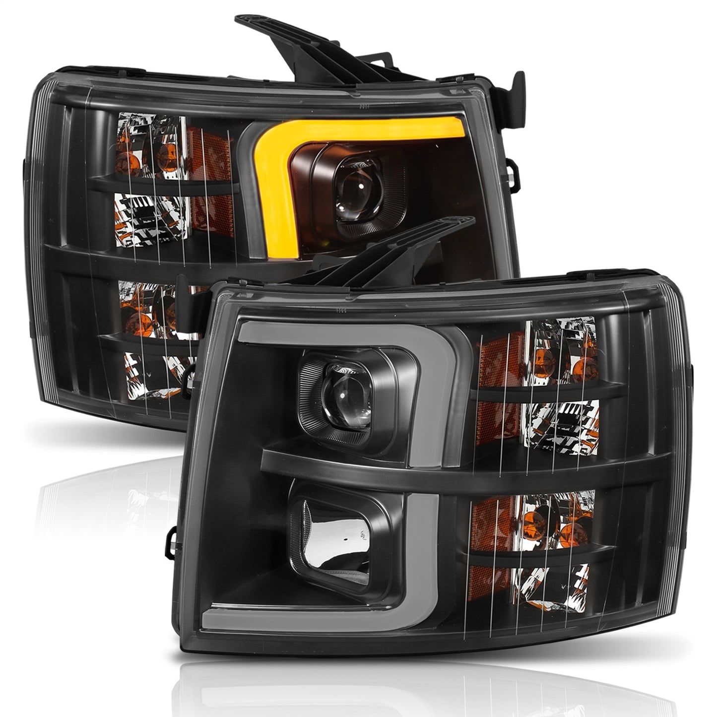 Anzo USA | Projector Headlight Set w/Plank Style Switchback Black w/Amber Pair | Fits Silverado 1500 | 111410