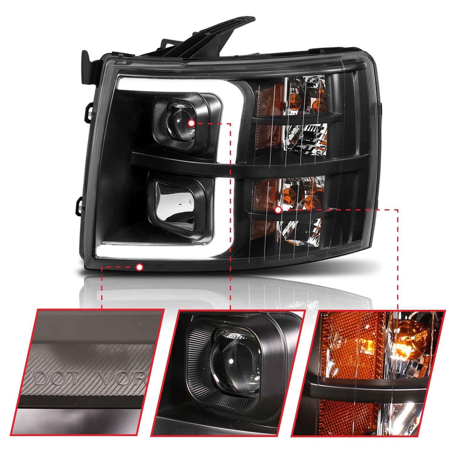 Anzo USA | Projector Headlight Set w/Plank Style Switchback Black w/Amber Pair | Fits Silverado 1500 | 111410