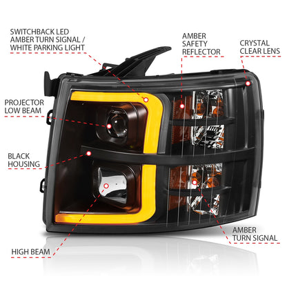 Anzo USA | Projector Headlight Set w/Plank Style Switchback Black w/Amber Pair | Fits Silverado 1500 | 111410
