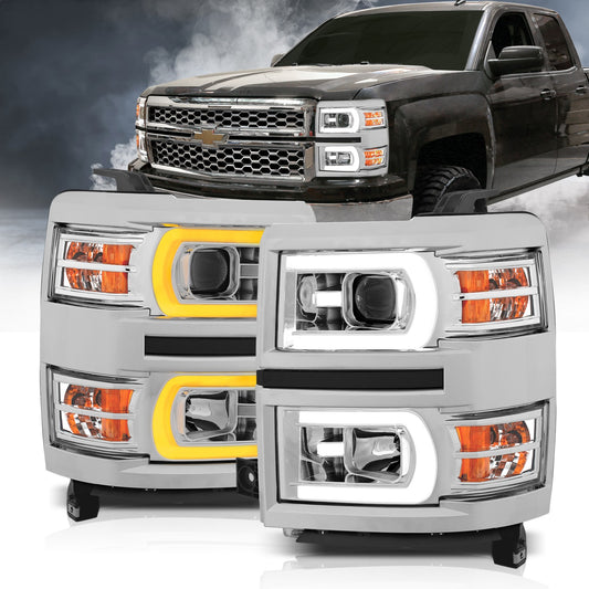 Anzo USA | Projector Headlight Set w/Plank Style Switchback Chrome w/Amber Pair | Fits Silverado 1500 | 111413