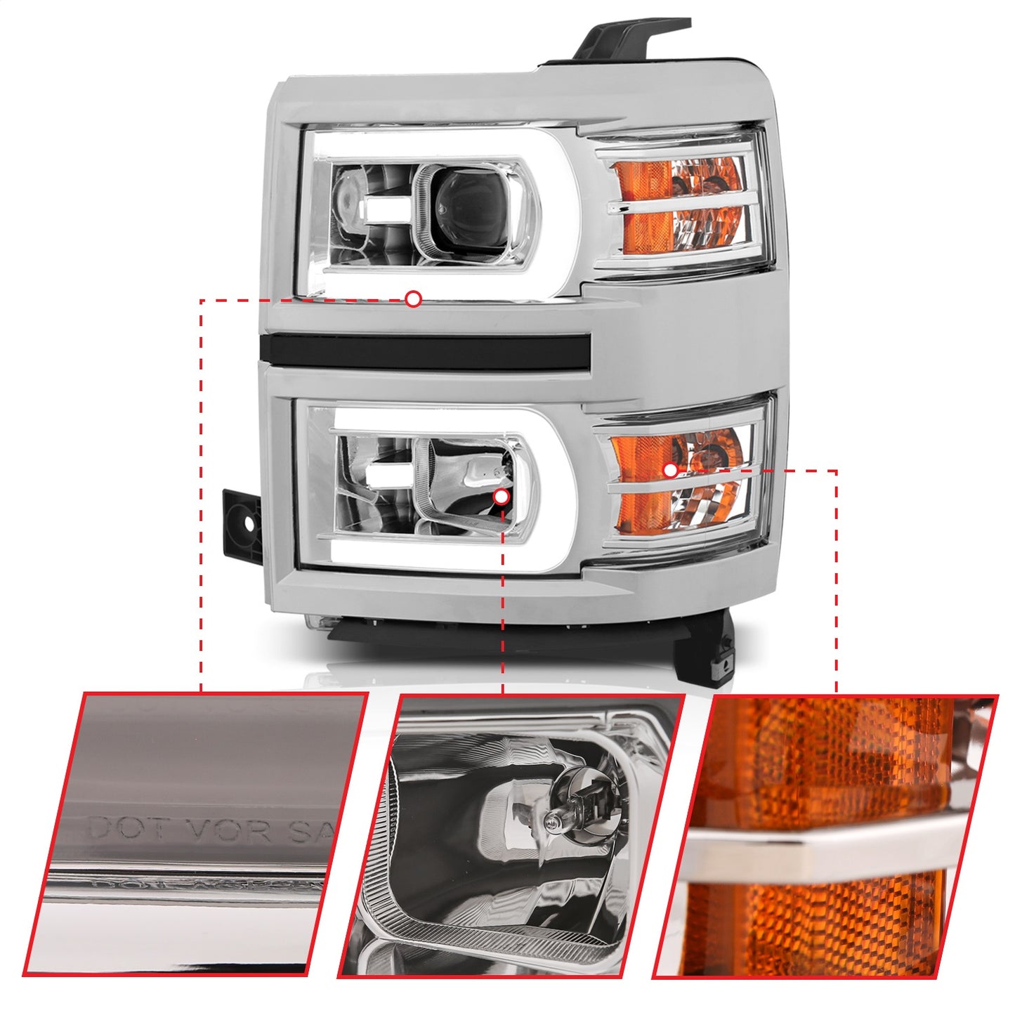 Anzo USA | Projector Headlight Set w/Plank Style Switchback Chrome w/Amber Pair | Fits Silverado 1500 | 111413