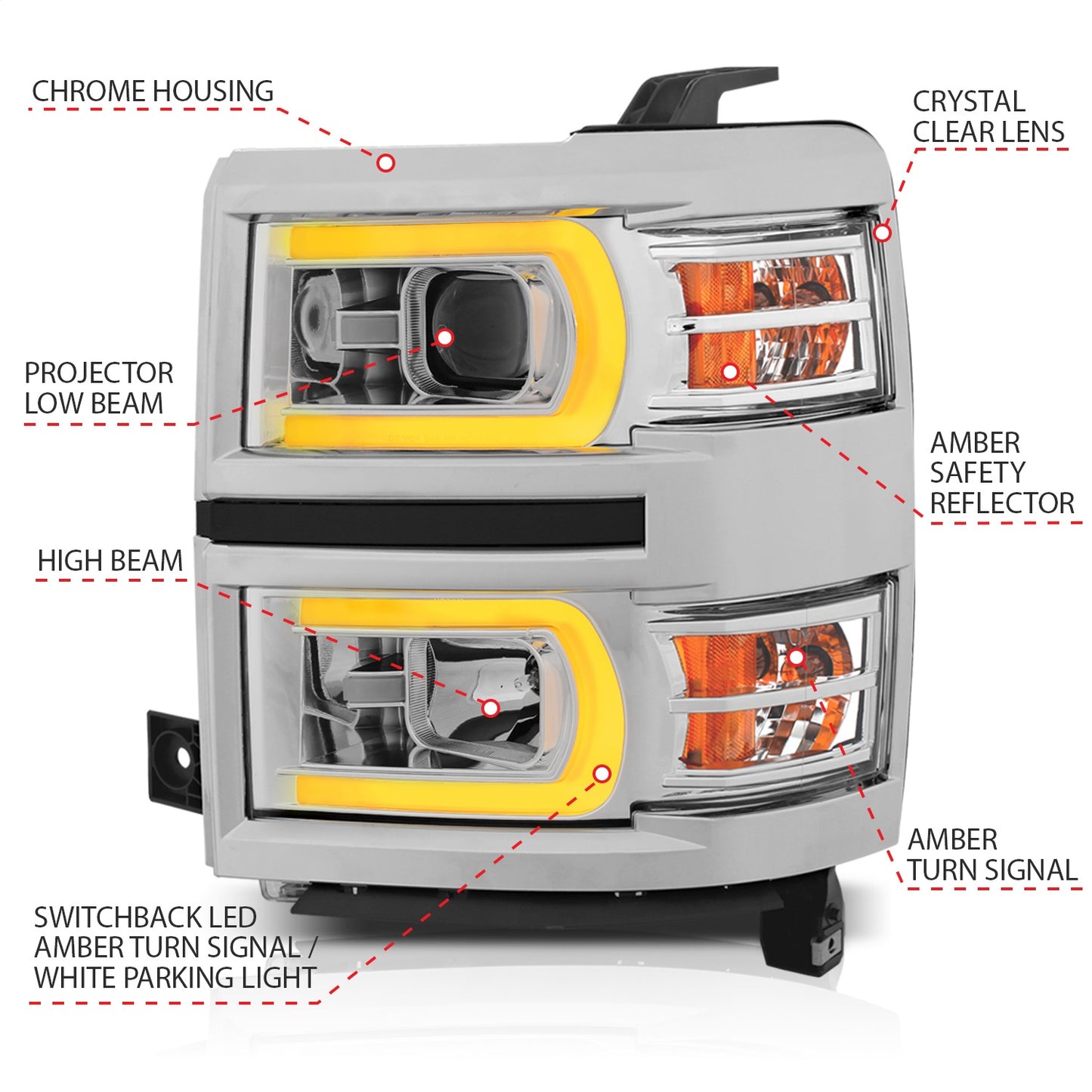 Anzo USA | Projector Headlight Set w/Plank Style Switchback Chrome w/Amber Pair | Fits Silverado 1500 | 111413