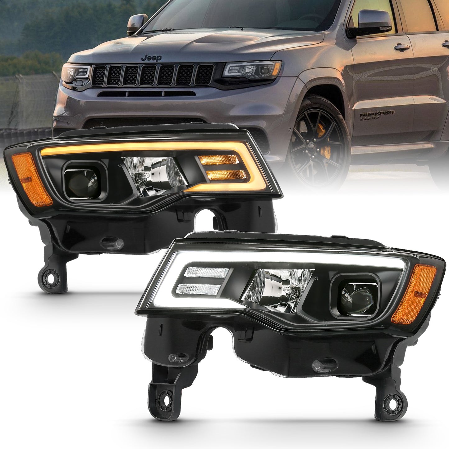 Anzo USA | Projector Headlight Set w/Plank Style Switchback Black w/Amber Pair | Fits Grand Cherokee | 111418