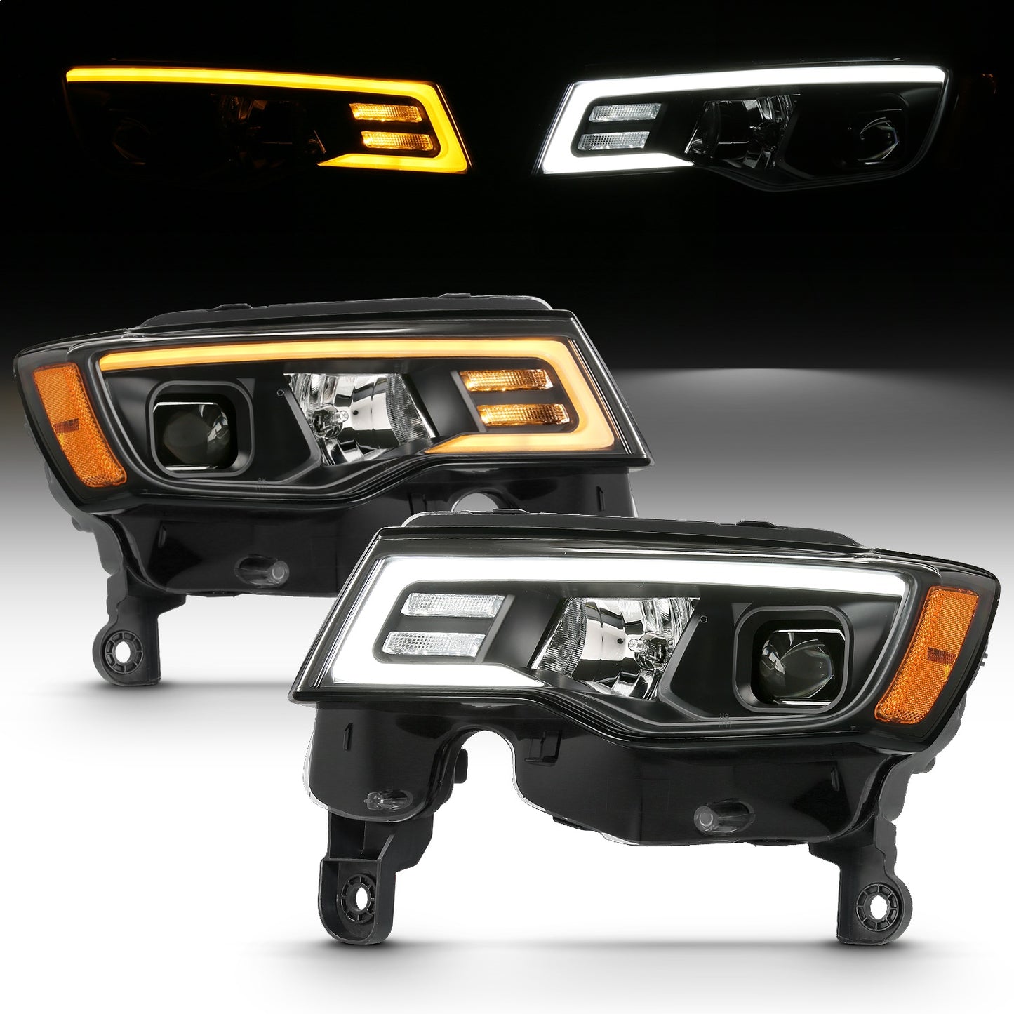 Anzo USA | Projector Headlight Set w/Plank Style Switchback Black w/Amber Pair | Fits Grand Cherokee | 111418