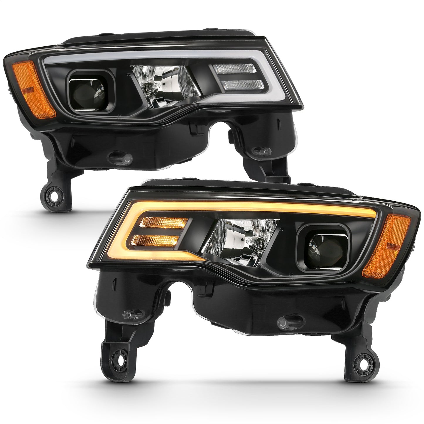 Anzo USA | Projector Headlight Set w/Plank Style Switchback Black w/Amber Pair | Fits Grand Cherokee | 111418