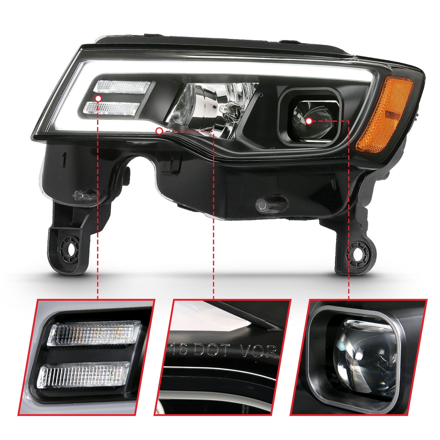 Anzo USA | Projector Headlight Set w/Plank Style Switchback Black w/Amber Pair | Fits Grand Cherokee | 111418