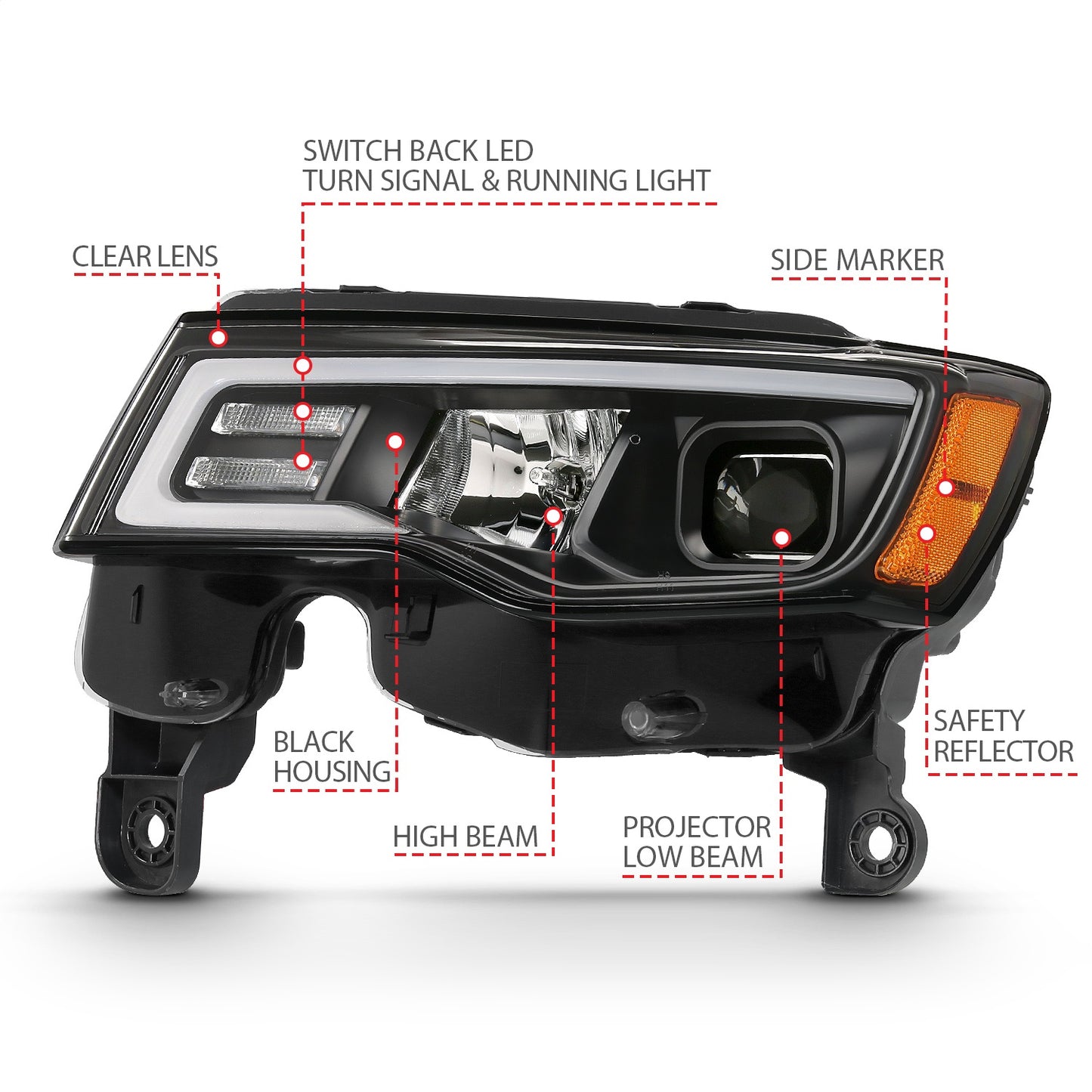 Anzo USA | Projector Headlight Set w/Plank Style Switchback Black w/Amber Pair | Fits Grand Cherokee | 111418