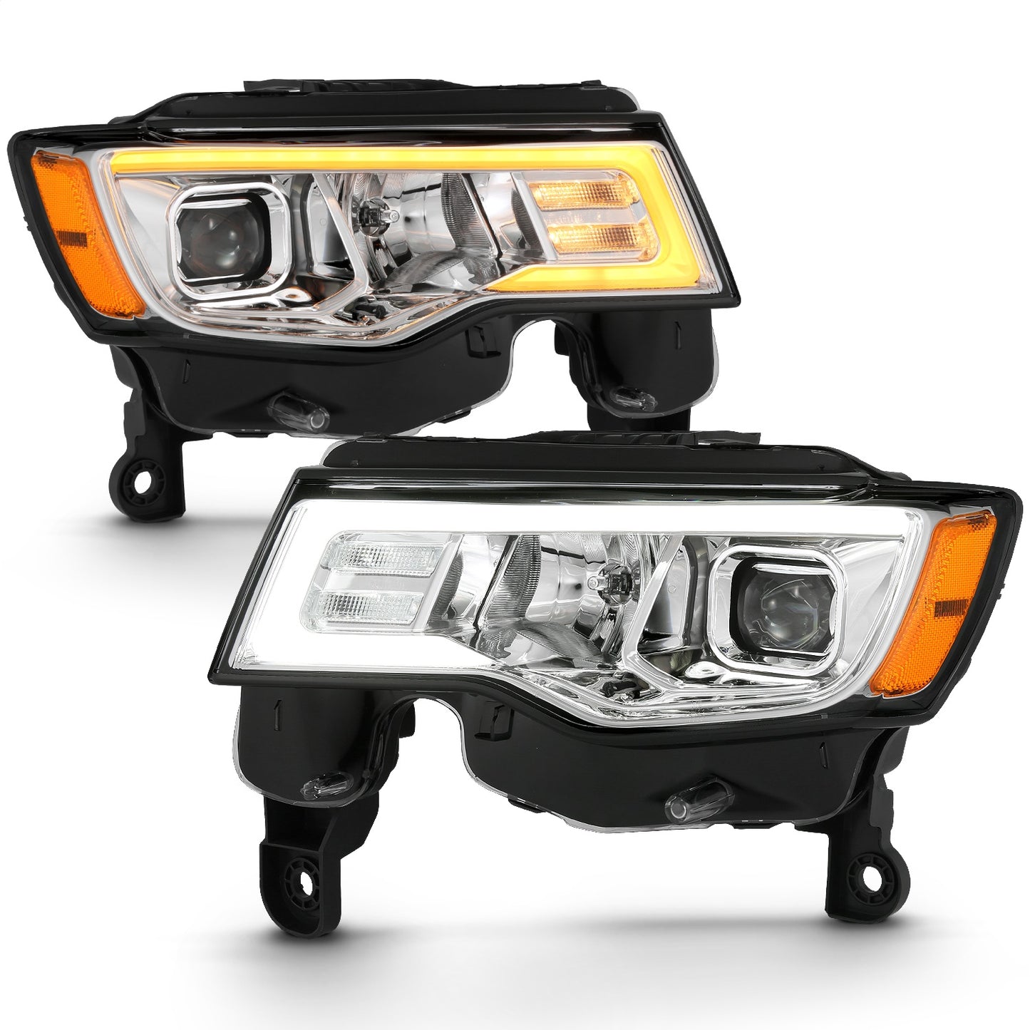 Anzo USA | Projector Headlight Set w/Plank Style Switchback Chrome w/Amber Pair | Fits Grand Cherokee | 111419